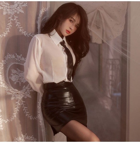 FEE ET MOI - Deep V Allure Backless Secretary Outfit (White - Black)